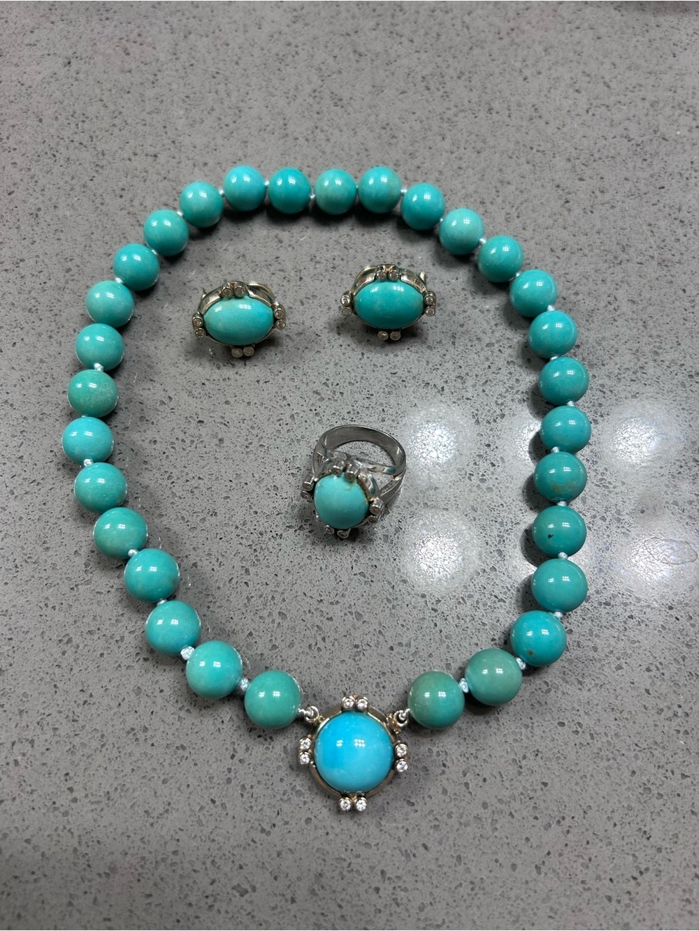 14k solid white gold turquoise diamond necklace ring earring set